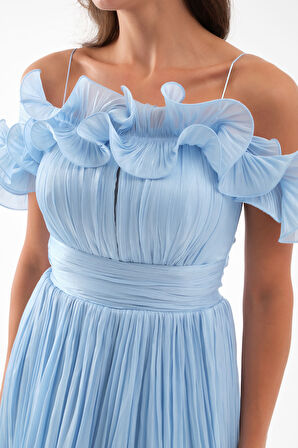 Kadın Bebe Mavi Yaka Detay Midi Abiye Elbise