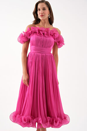 Kadın Fuşya Yaka Detay Midi Abiye Elbise