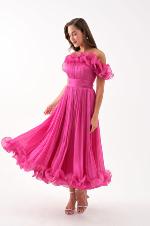 Kadın Fuşya Yaka Detay Midi Abiye Elbise