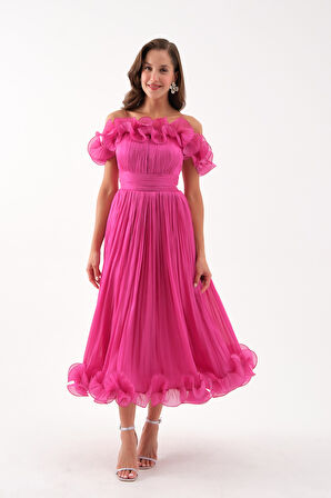 Kadın Fuşya Yaka Detay Midi Abiye Elbise