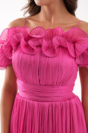 Kadın Fuşya Yaka Detay Midi Abiye Elbise