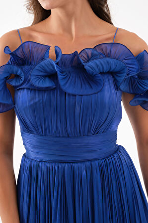 Kadın Saks Yaka Detay Midi Abiye Elbise