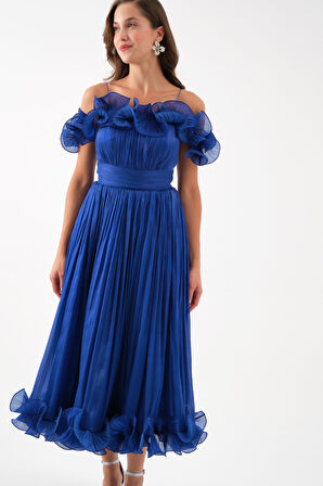 Kadın Saks Yaka Detay Midi Abiye Elbise