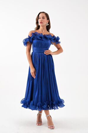 Kadın Saks Yaka Detay Midi Abiye Elbise