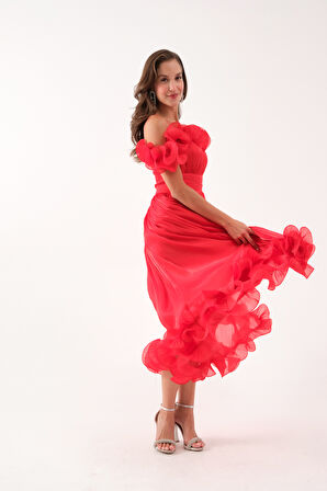 Kadın Kırmızı Yaka Detay Midi Abiye Elbise