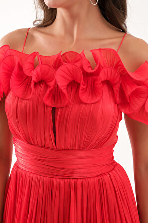 Kadın Kırmızı Yaka Detay Midi Abiye Elbise