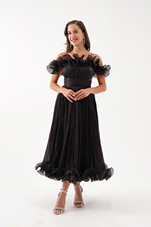 Kadın Siyah Yaka Detay Midi Abiye Elbise