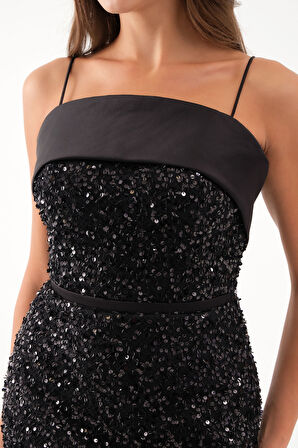 Kadın Siyah Askılı Boncuklu Midi Abiye Elbise