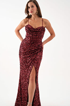 Kadın Bordo Askılı Pul Payet Uzun Abiye Elibse