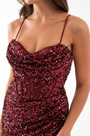 Kadın Bordo Askılı Pul Payet Uzun Abiye Elibse