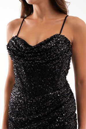 Kadın Siyah Askılı Pul Payet Uzun Abiye Elibse