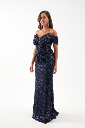 Kadın Lacivert Kayık Yaka Kısa Kol Payetli Uzun Abiye Elbise