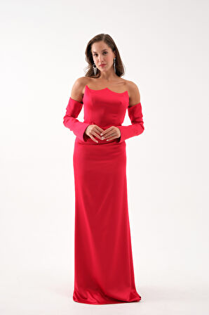 Kadın Kırmızı Kol Detay Uzun Saten Balık Abiye Elbise