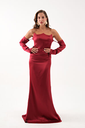 Kadın Bordo Kol Detay Uzun Saten Balık Abiye Elbise