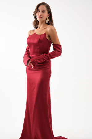 Kadın Bordo Kol Detay Uzun Saten Balık Abiye Elbise