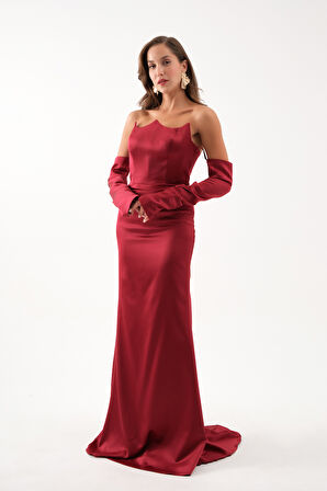 Kadın Bordo Kol Detay Uzun Saten Balık Abiye Elbise