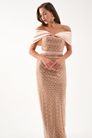 Kadın Gold Yaka Organze Detay Pul Payetli Uzun Abiye Elbise