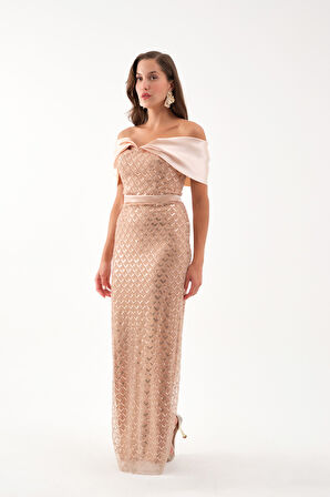 Kadın Gold Yaka Organze Detay Pul Payetli Uzun Abiye Elbise