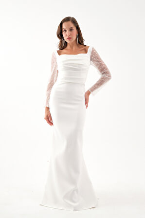 Kadın Beyaz Kol Detaylı Uzun Abiye Elbise