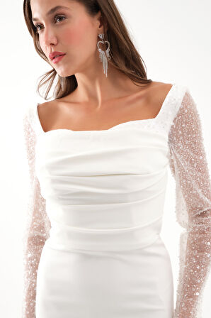 Kadın Beyaz Kol Detaylı Uzun Abiye Elbise