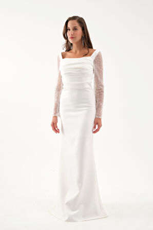 Kadın Beyaz Kol Detaylı Uzun Abiye Elbise