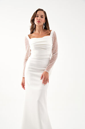 Kadın Beyaz Kol Detaylı Uzun Abiye Elbise