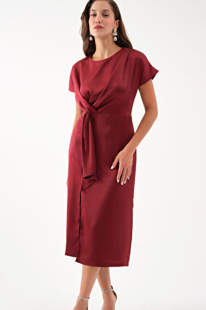 Kadın Bordo Yırtmaçlı Midi Saten Elbise