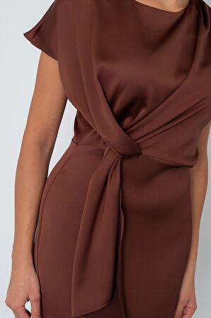 Kadın Kahverengi Yırtmaçlı Midi Saten Elbise
