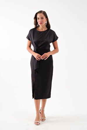 Kadın Siyah Yırtmaçlı Midi Saten Elbise