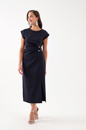 Kadın Lacivert Bisiklet Yaka Aksesuar Detay Midi Elbise