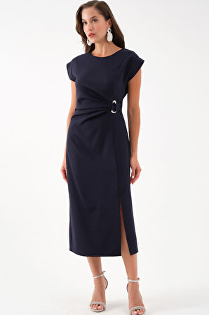 Kadın Lacivert Bisiklet Yaka Aksesuar Detay Midi Elbise