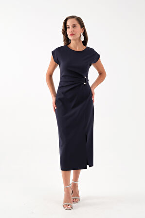 Kadın Lacivert Bisiklet Yaka Aksesuar Detay Midi Elbise