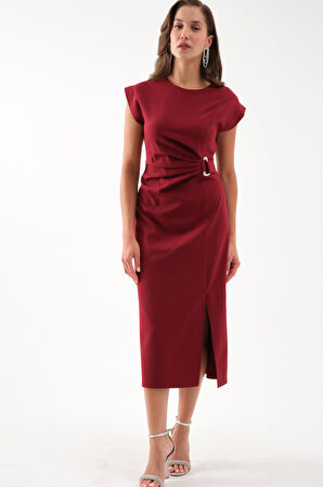 Kadın Bordo Bisiklet Yaka Aksesuar Detay Midi Elbise