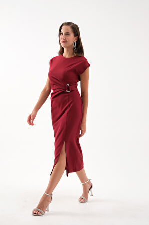 Kadın Bordo Bisiklet Yaka Aksesuar Detay Midi Elbise