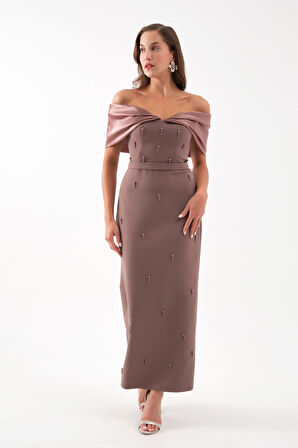 Kadın Kahverengi Kayık Yaka İncili Söz Nişan Nikah Abiye Elbise