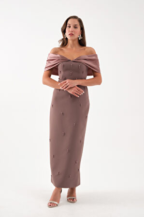 Kadın Kahverengi Kayık Yaka İncili Söz Nişan Nikah Abiye Elbise