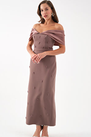 Kadın Kahverengi Kayık Yaka İncili Söz Nişan Nikah Abiye Elbise