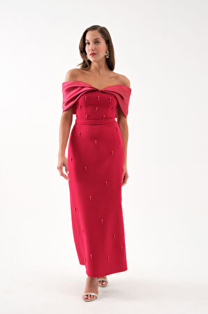 Kadın Bordo Kayık Yaka İncili Söz Nişan Nikah Abiye Elbise