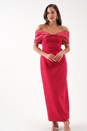 Kadın Bordo Kayık Yaka İncili Söz Nişan Nikah Abiye Elbise