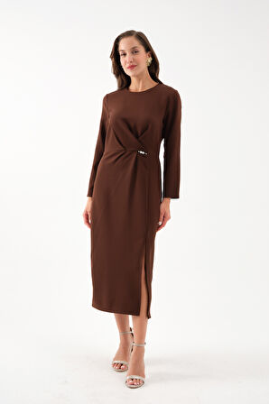 Kadın Kahverengi İnci Detay Midi Davet Elbisesi