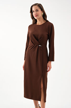 Kadın Kahverengi İnci Detay Midi Davet Elbisesi