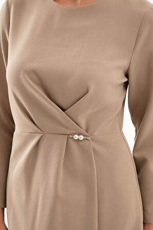 Kadın Camel İnci Detay Midi Davet Elbisesi