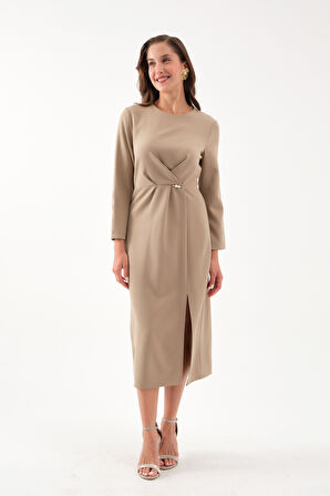 Kadın Camel İnci Detay Midi Davet Elbisesi