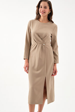 Kadın Camel İnci Detay Midi Davet Elbisesi
