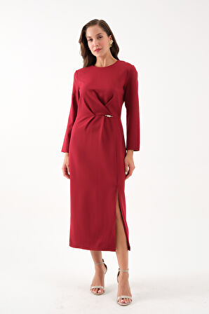 Kadın Bordo İnci Detay Midi Davet Elbisesi