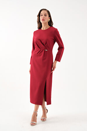 Kadın Bordo İnci Detay Midi Davet Elbisesi