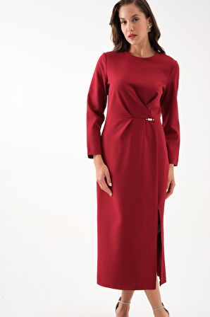 Kadın Bordo İnci Detay Midi Davet Elbisesi