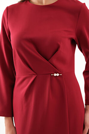 Kadın Bordo İnci Detay Midi Davet Elbisesi