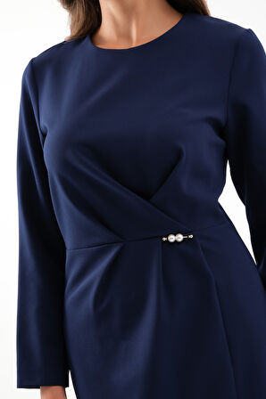 Kadın Lacivert İnci Detay Midi Davet Elbisesi