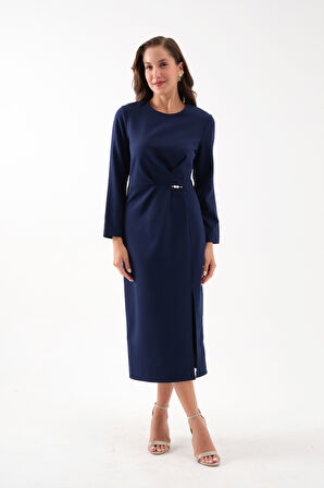 Kadın Lacivert İnci Detay Midi Davet Elbisesi